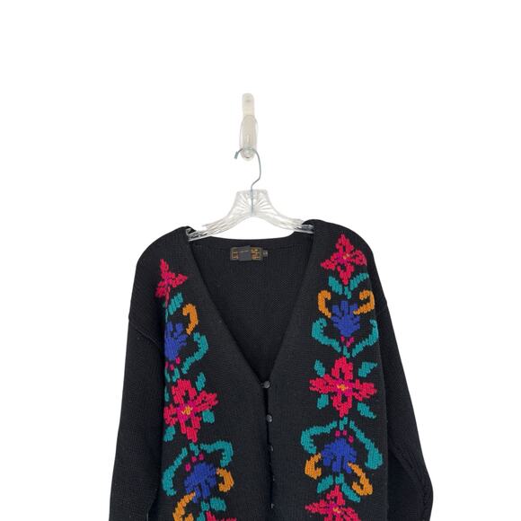 Eddie Bauer Women's Knit Crochet Floral Cardigan VTG Black Wool Button Up Large - Picture 3 of 12